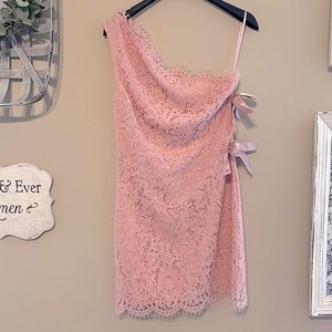 Just Me Pink One Shoulder Short Lace Formal Prom Dress Size M